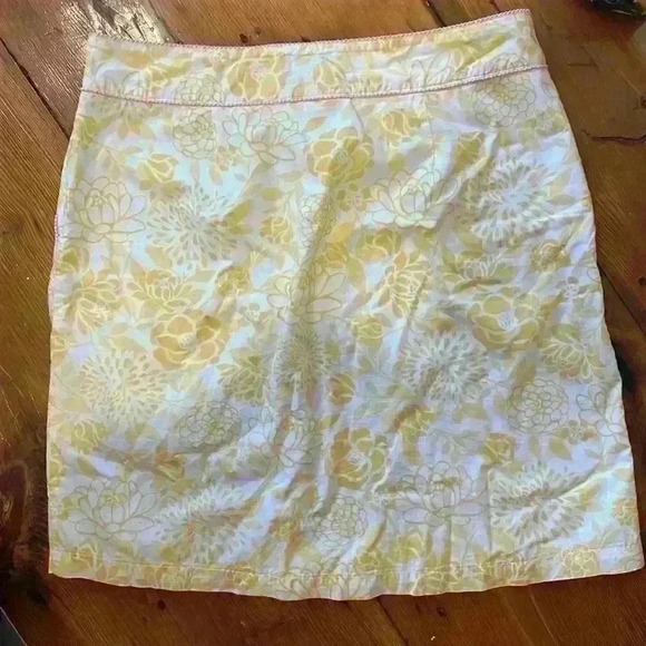 Ll Bean Yellow Floral skirt with pink stitching 100% cotton size 14 - Picture 9 of 11